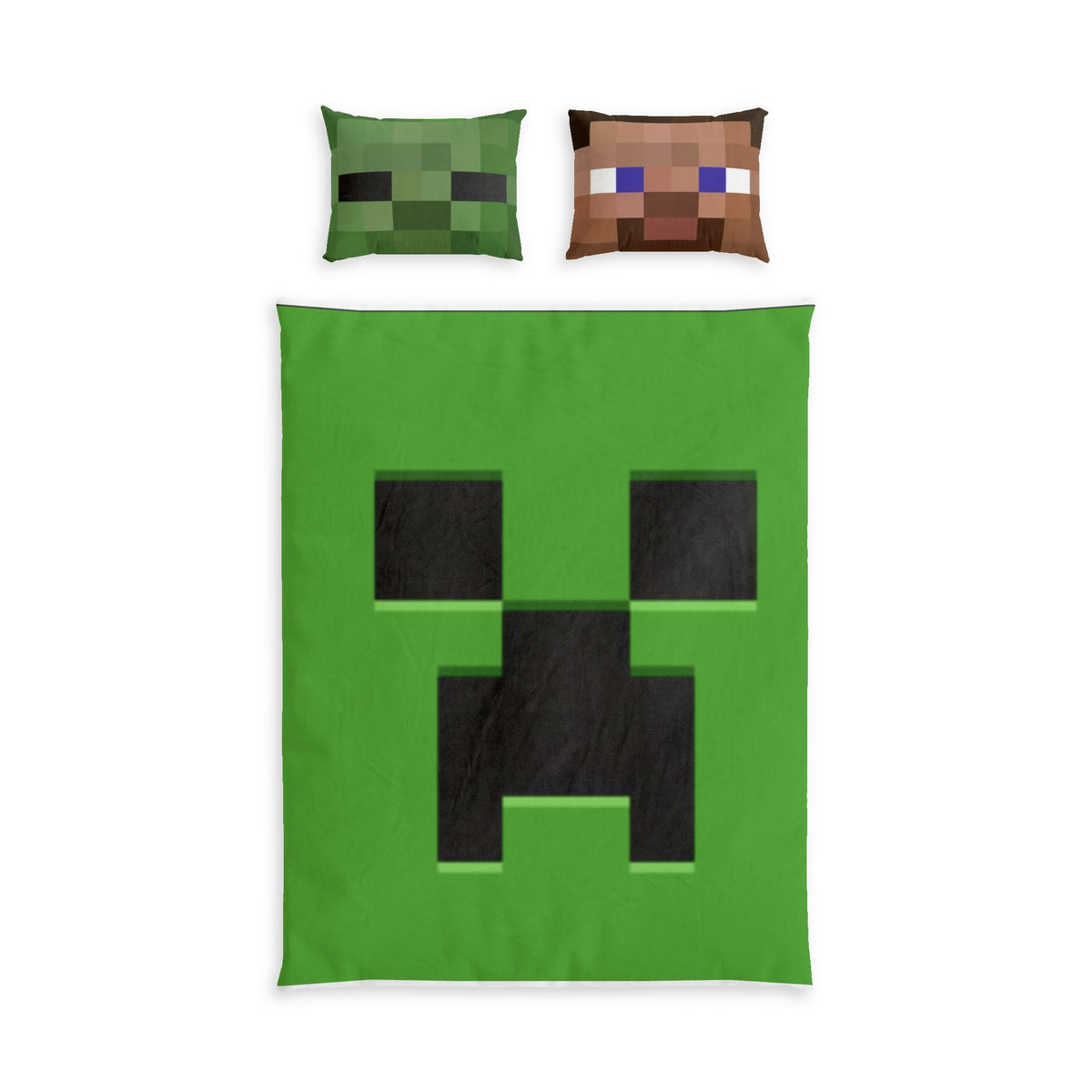 Minecraft Creeper Cotton Bed Set – Kids Green Pixel Face Duvet Cover with Creeper & Steve Pillowcases