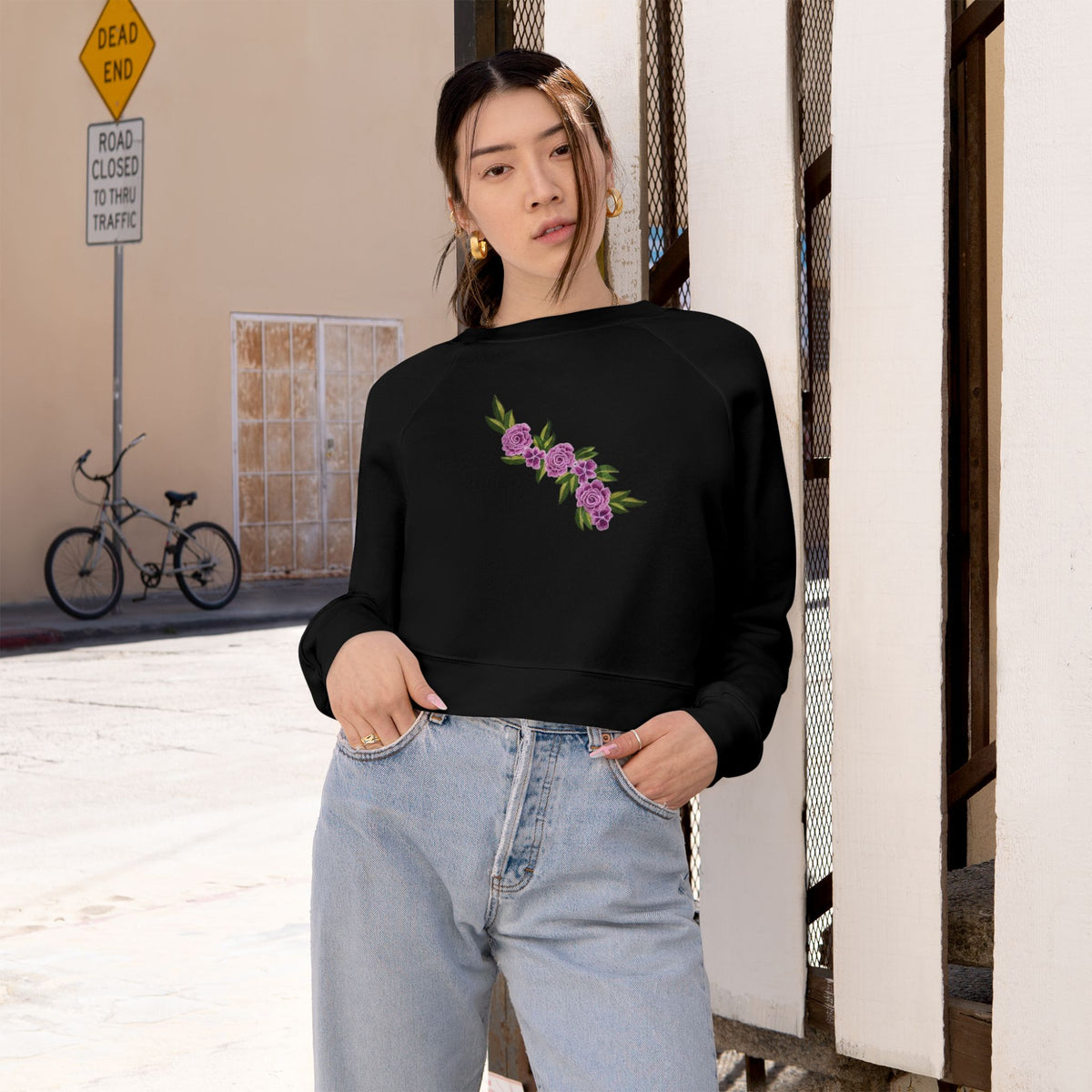 Floral Diagonal Rose Crop Sweatshirt