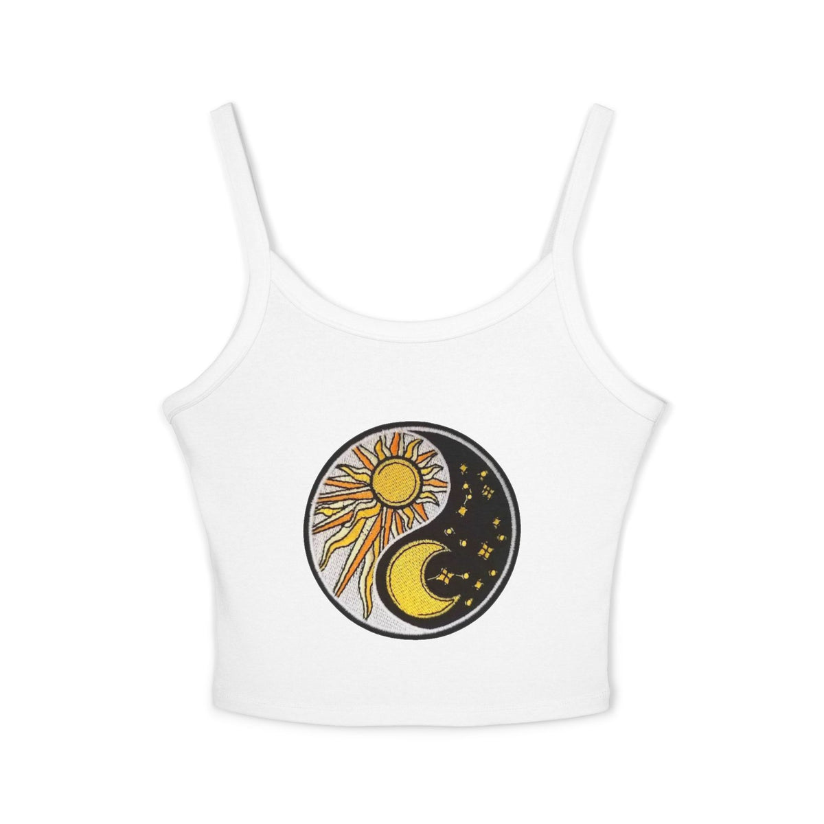 Sun & Moon Yin Yang Crop Tank — Women's Sunflower Celestial Spaghetti Strap Top