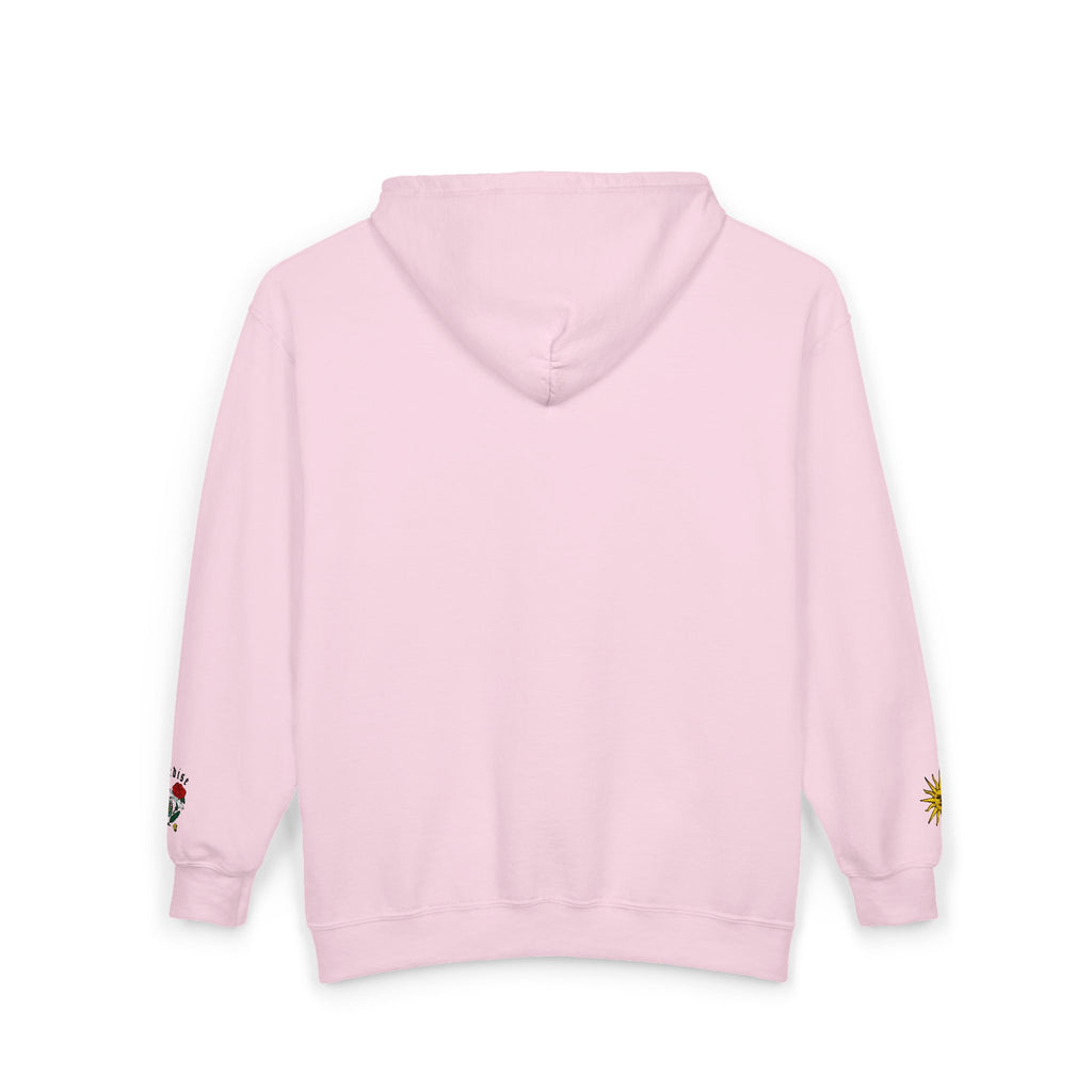 Zip Hoodie with Small Rose & Sun Sleeve Embroidery — Minimal Floral Zip-Up