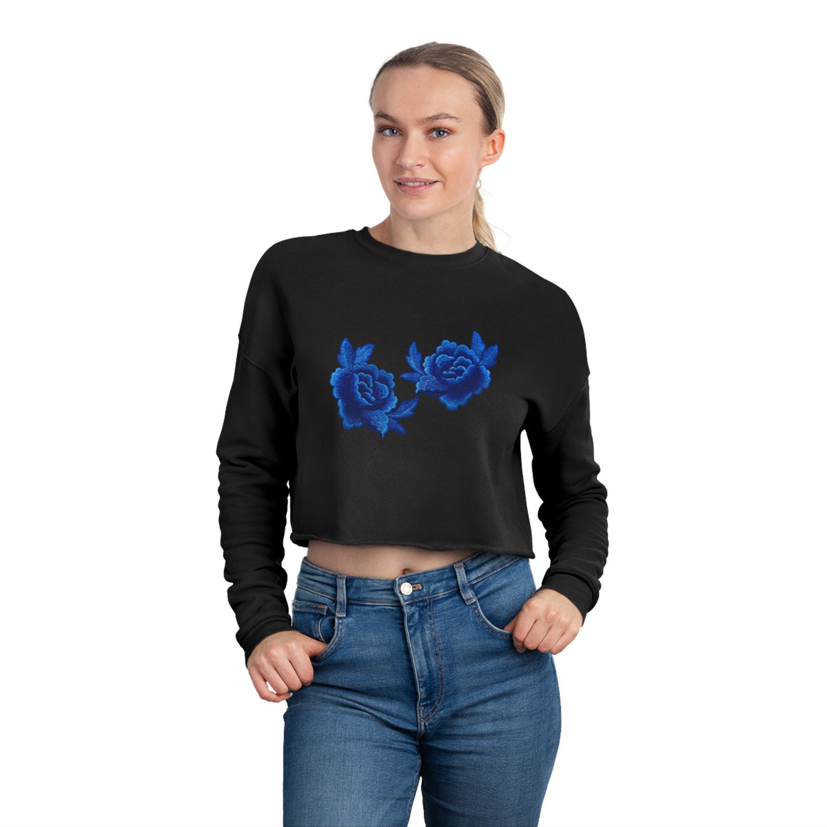 Cropped Sweatshirt — Blue Rose Floral Crop Top