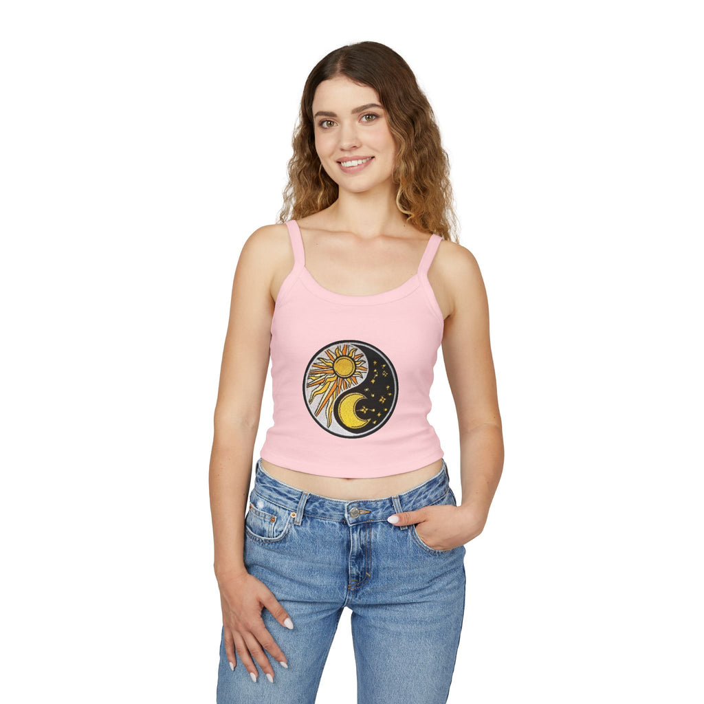 Sun & Moon Yin Yang Crop Tank — Women's Sunflower Celestial Spaghetti Strap Top