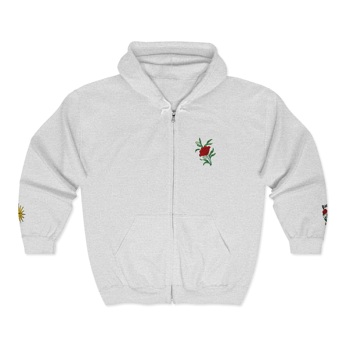 Zip Hoodie with Small Rose & Sun Sleeve Embroidery — Minimal Floral Zip-Up