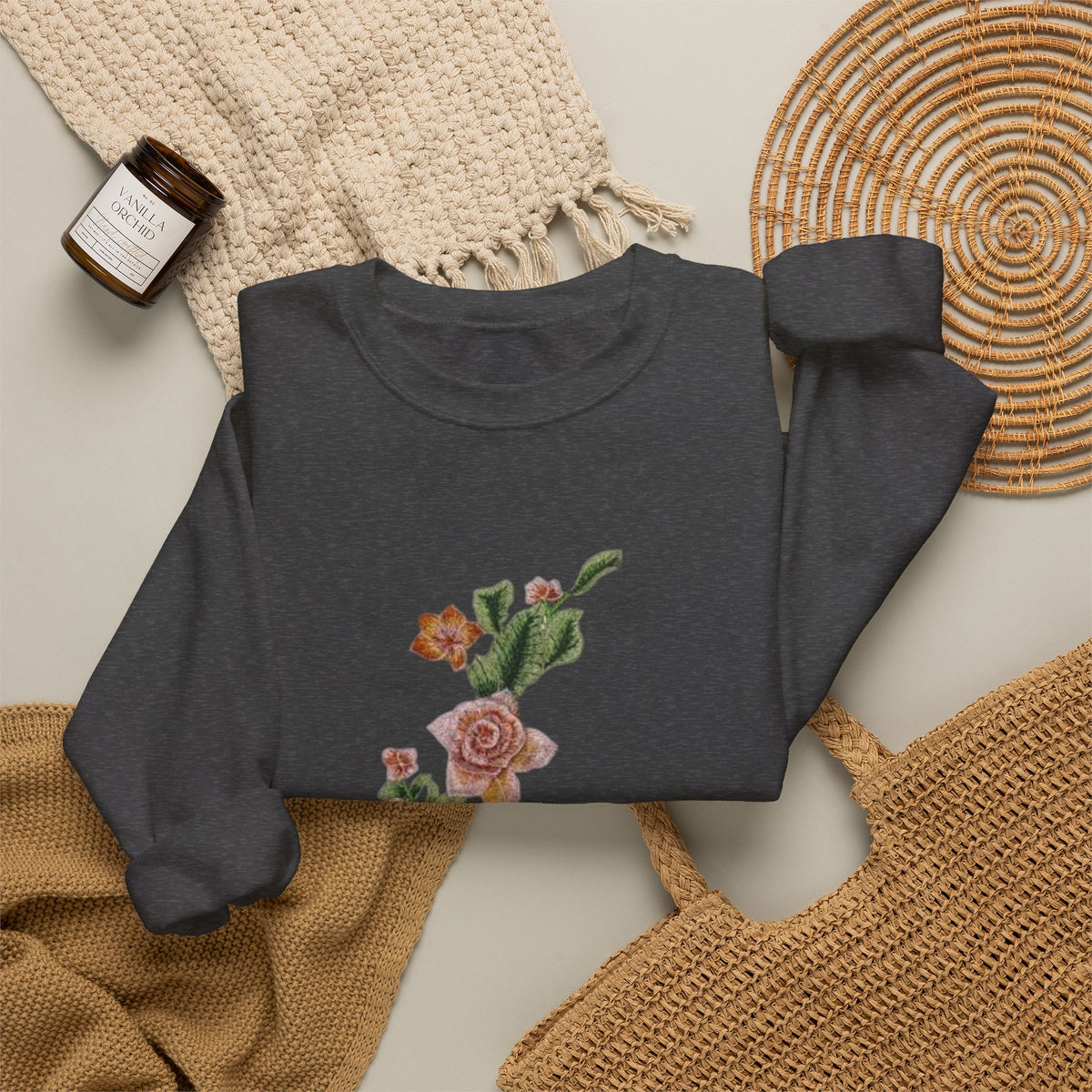 Sun & Rose Crewneck Sweatshirt — Vintage Sun Back Graphic with Floral Front
