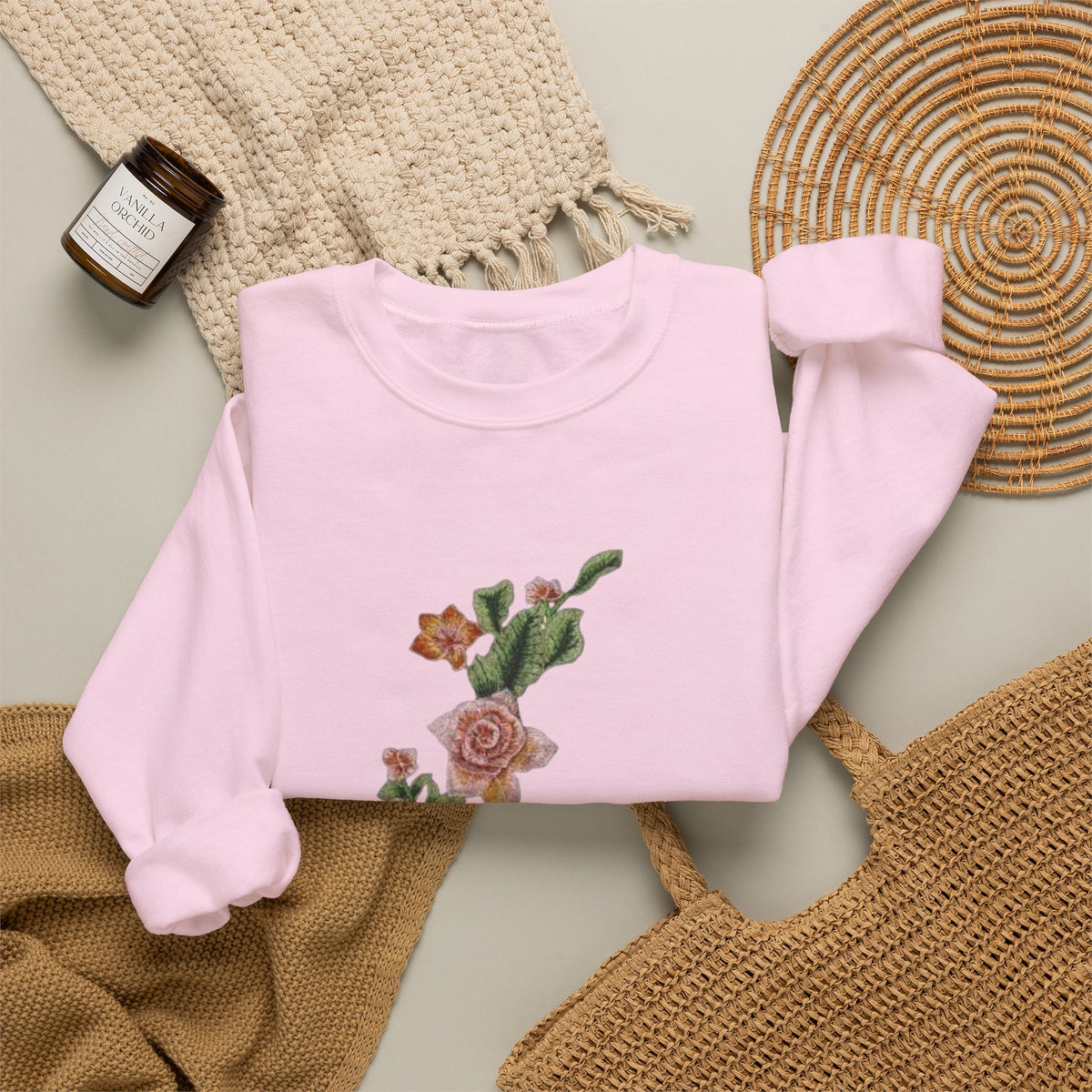 Sun & Rose Crewneck Sweatshirt — Vintage Sun Back Graphic with Floral Front
