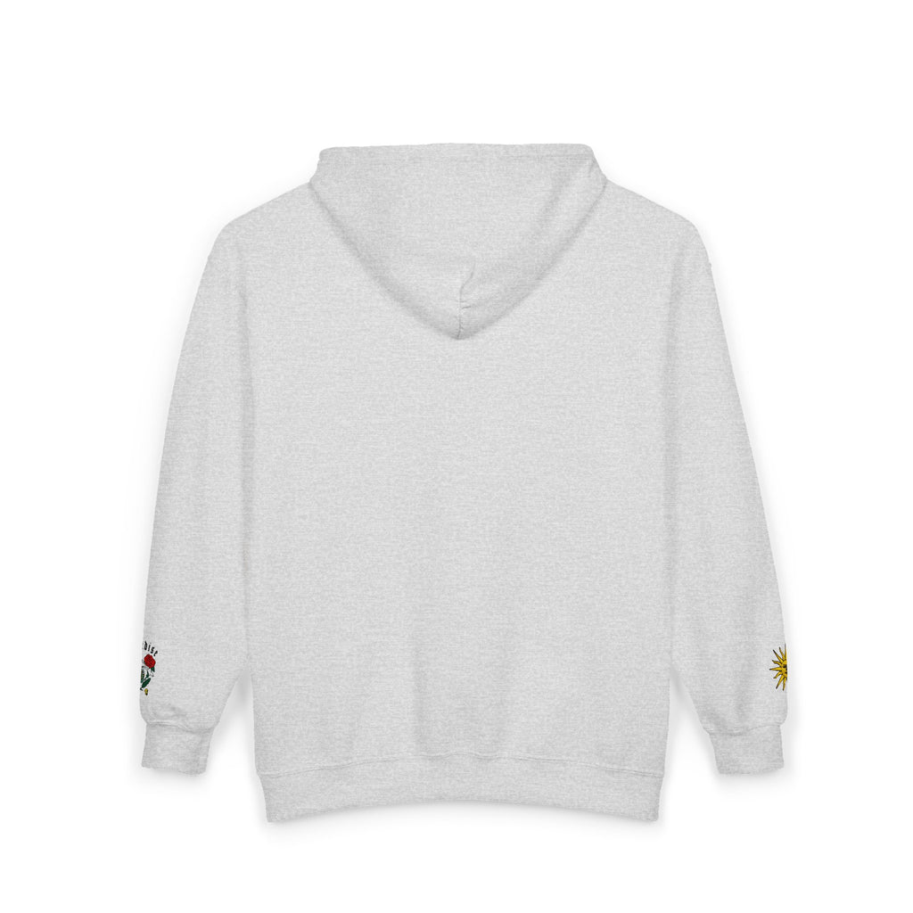 Zip Hoodie with Small Rose & Sun Sleeve Embroidery — Minimal Floral Zip-Up