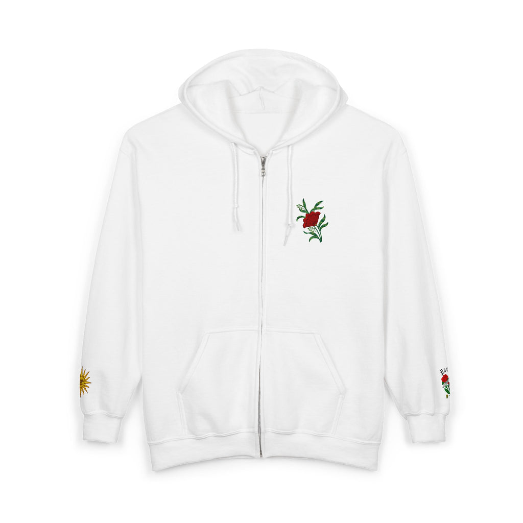 Zip Hoodie with Small Rose & Sun Sleeve Embroidery — Minimal Floral Zip-Up