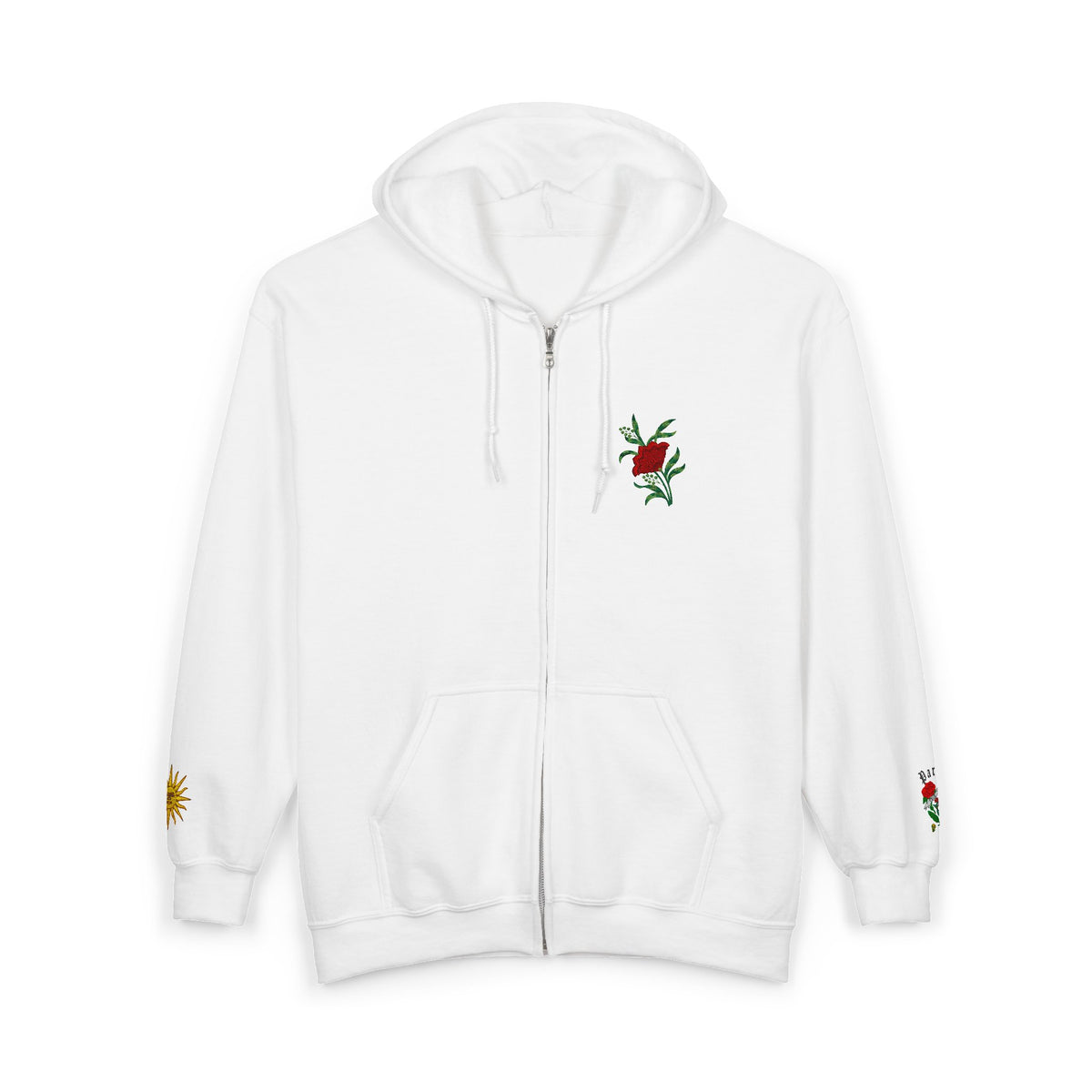 Zip Hoodie with Small Rose & Sun Sleeve Embroidery — Minimal Floral Zip-Up