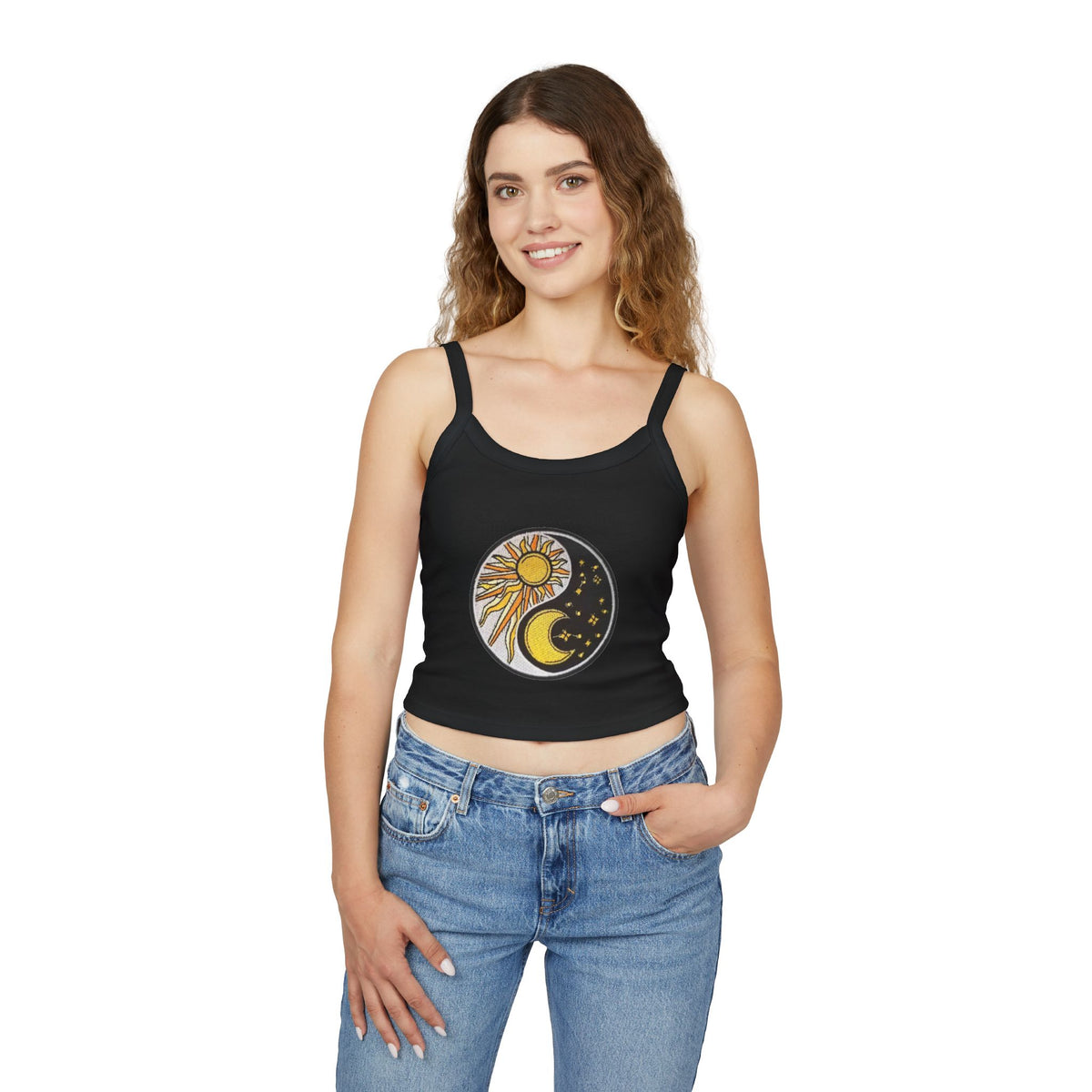 Sun & Moon Yin Yang Crop Tank — Women's Sunflower Celestial Spaghetti Strap Top