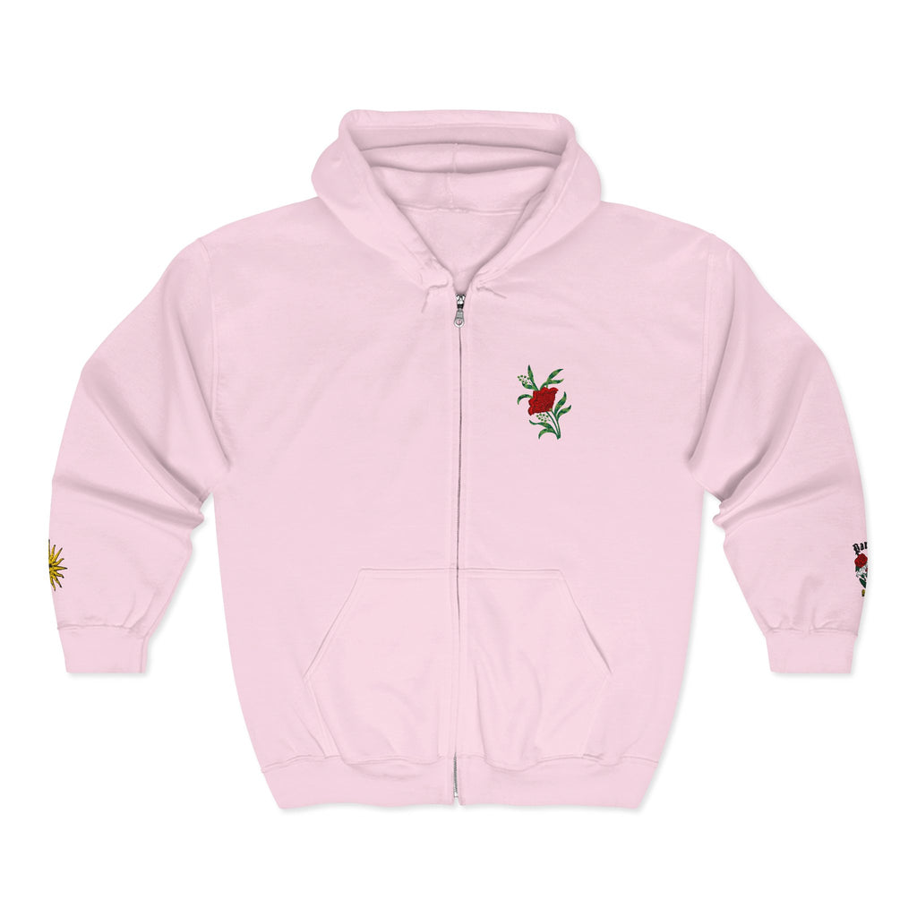 Zip Hoodie with Small Rose & Sun Sleeve Embroidery — Minimal Floral Zip-Up
