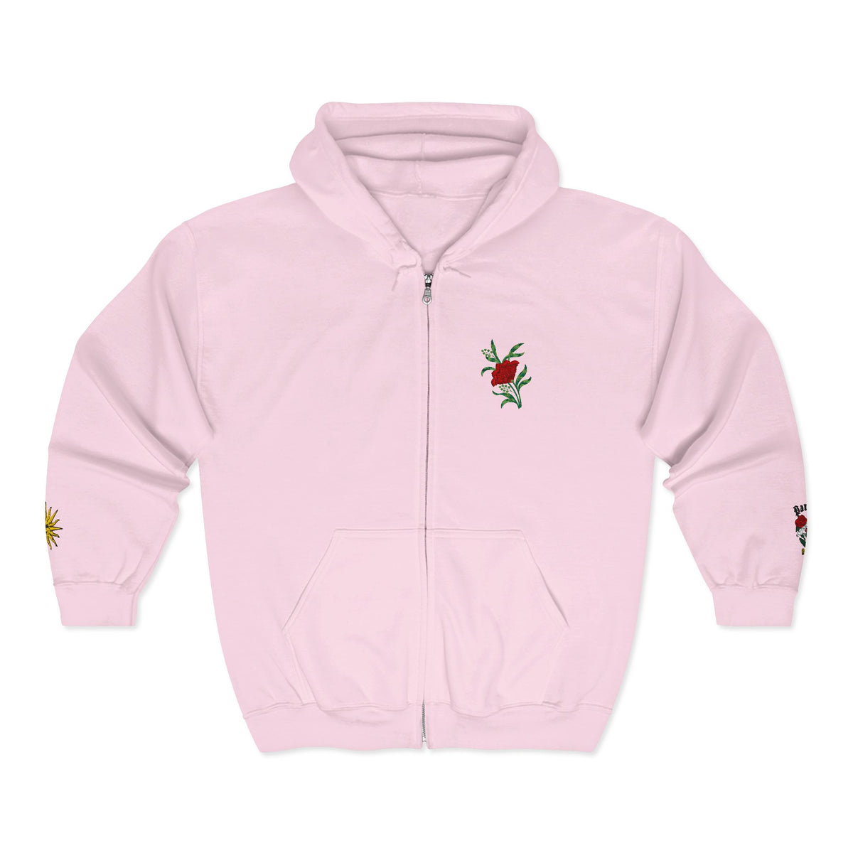 Zip Hoodie with Small Rose & Sun Sleeve Embroidery — Minimal Floral Zip-Up