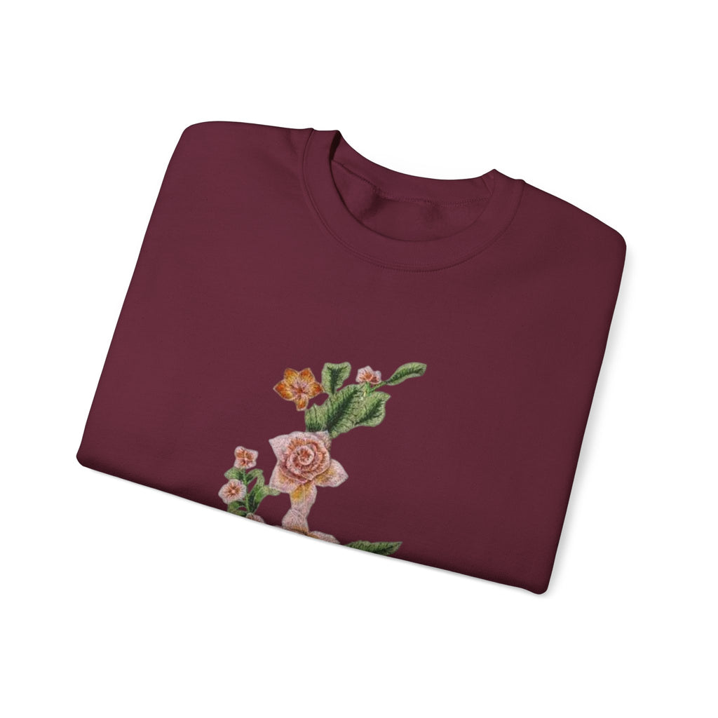Sun & Rose Crewneck Sweatshirt — Vintage Sun Back Graphic with Floral Front