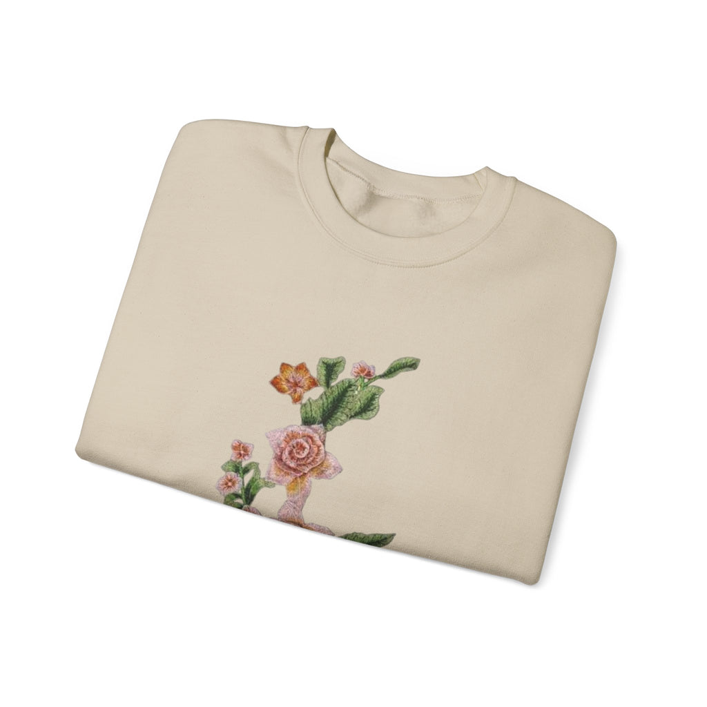 Sun & Rose Crewneck Sweatshirt — Vintage Sun Back Graphic with Floral Front