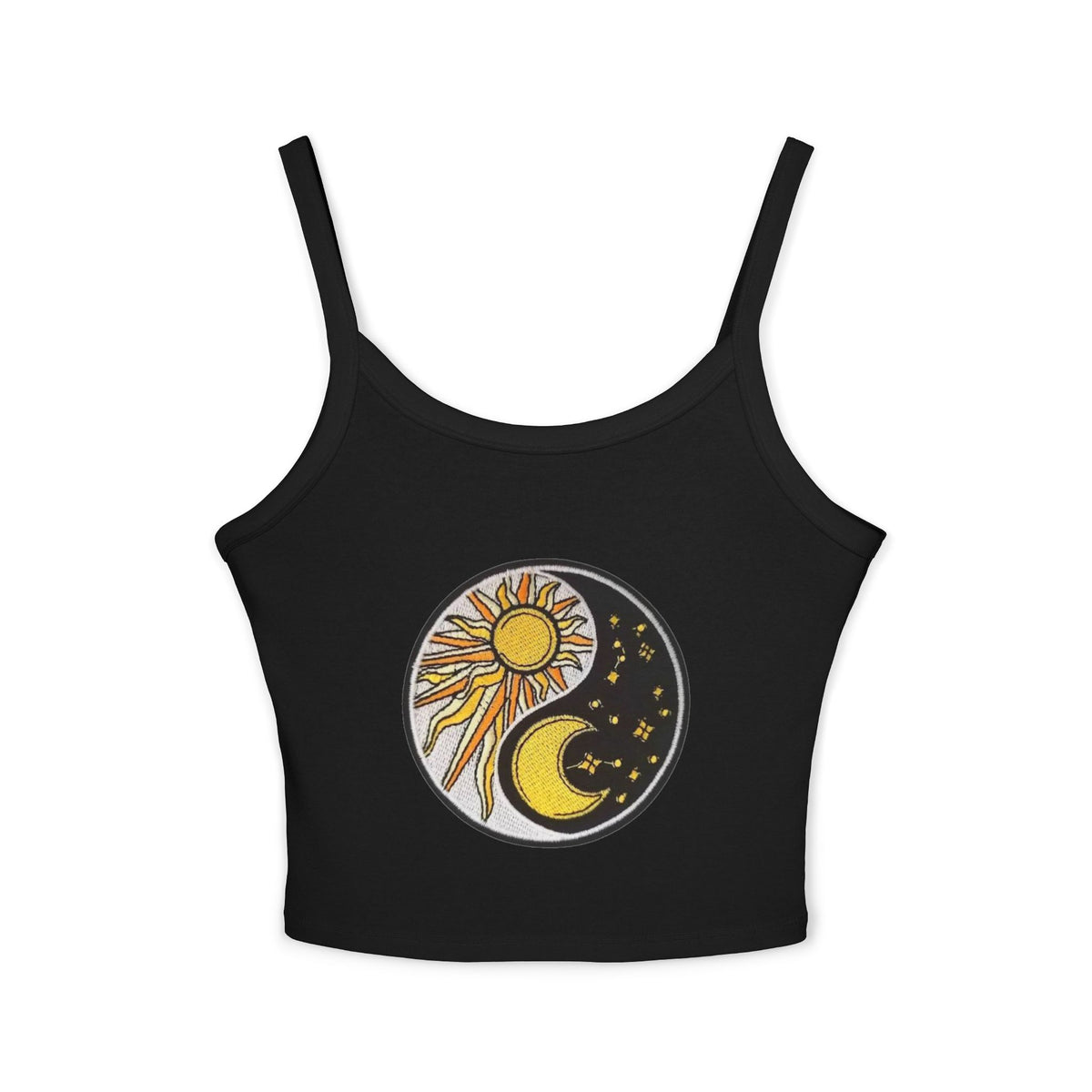 Sun & Moon Yin Yang Crop Tank — Women's Sunflower Celestial Spaghetti Strap Top