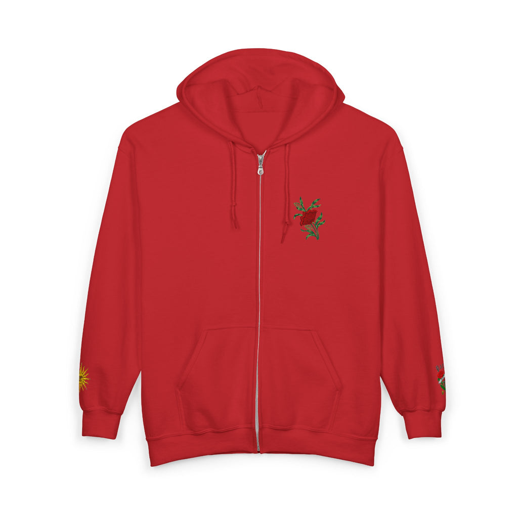 Zip Hoodie with Small Rose & Sun Sleeve Embroidery — Minimal Floral Zip-Up