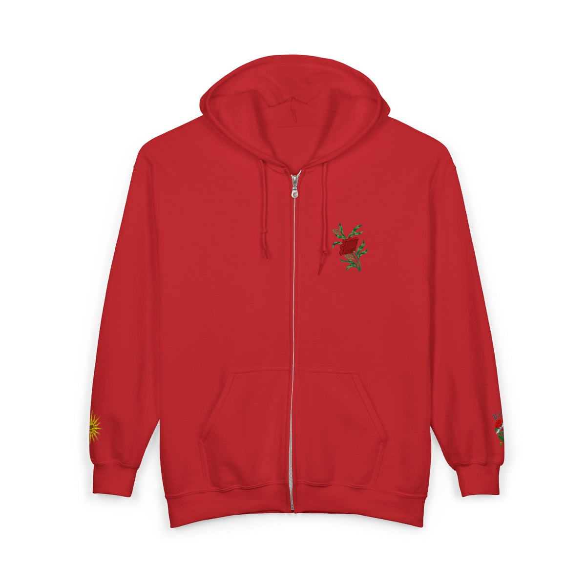 Zip Hoodie with Small Rose & Sun Sleeve Embroidery — Minimal Floral Zip-Up
