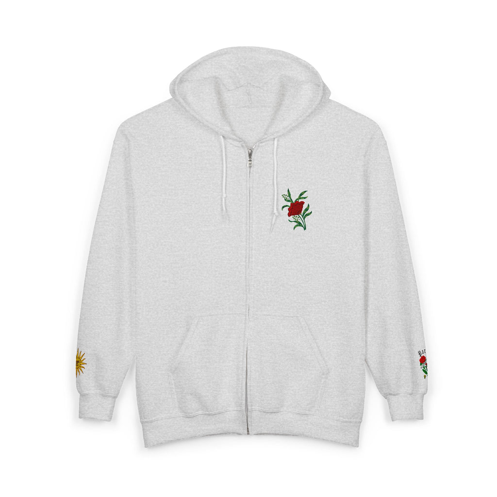 Zip Hoodie with Small Rose & Sun Sleeve Embroidery — Minimal Floral Zip-Up