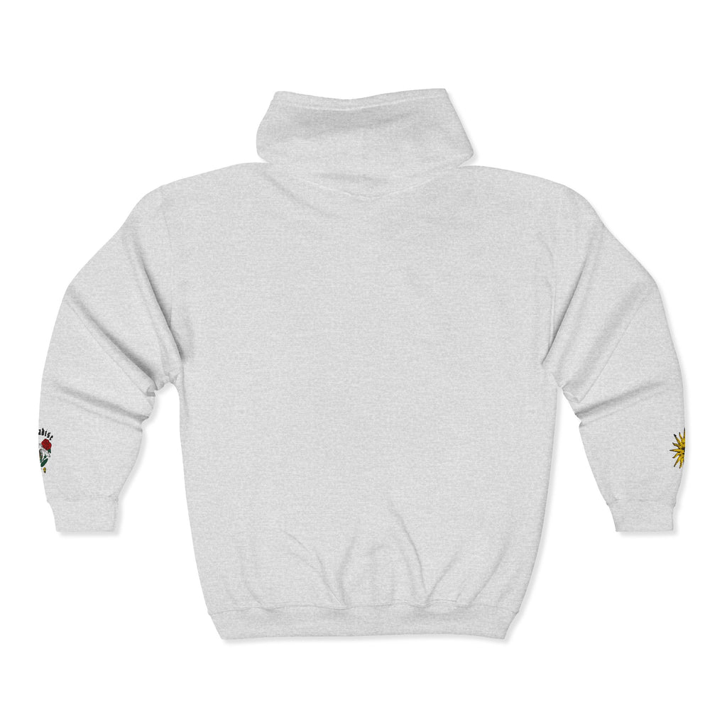 Zip Hoodie with Small Rose & Sun Sleeve Embroidery — Minimal Floral Zip-Up