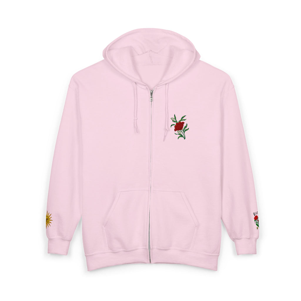 Zip Hoodie with Small Rose & Sun Sleeve Embroidery — Minimal Floral Zip-Up