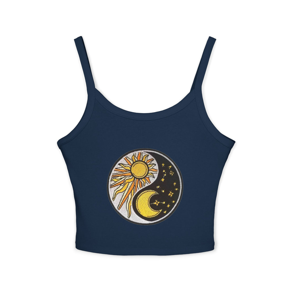 Sun & Moon Yin Yang Crop Tank — Women's Sunflower Celestial Spaghetti Strap Top