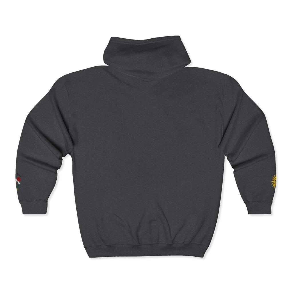 Zip Hoodie with Small Rose & Sun Sleeve Embroidery — Minimal Floral Zip-Up