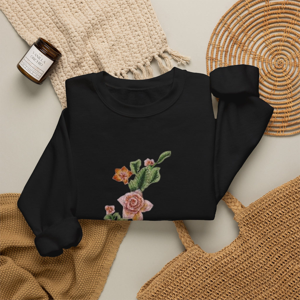 Sun & Rose Crewneck Sweatshirt — Vintage Sun Back Graphic with Floral Front