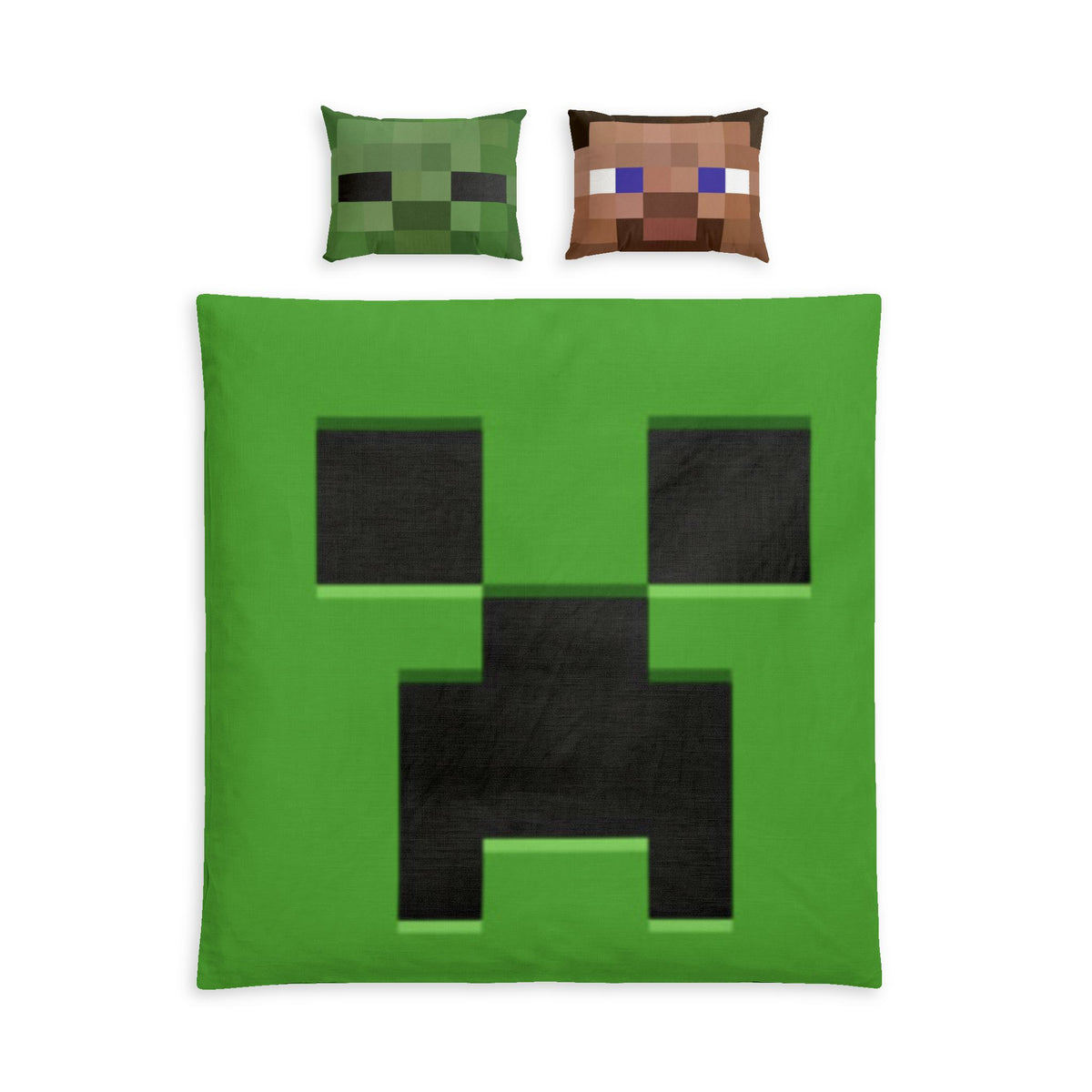 Minecraft Creeper Cotton Bed Set – Kids Green Pixel Face Duvet Cover with Creeper & Steve Pillowcases