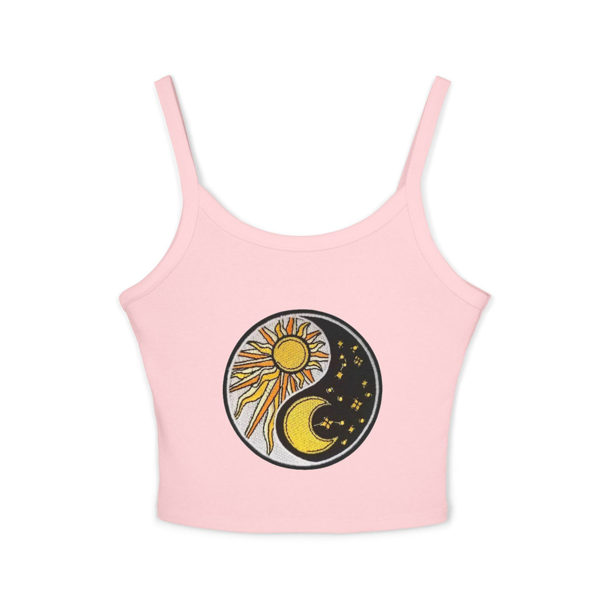 Sun & Moon Yin Yang Crop Tank — Women's Sunflower Celestial Spaghetti Strap Top
