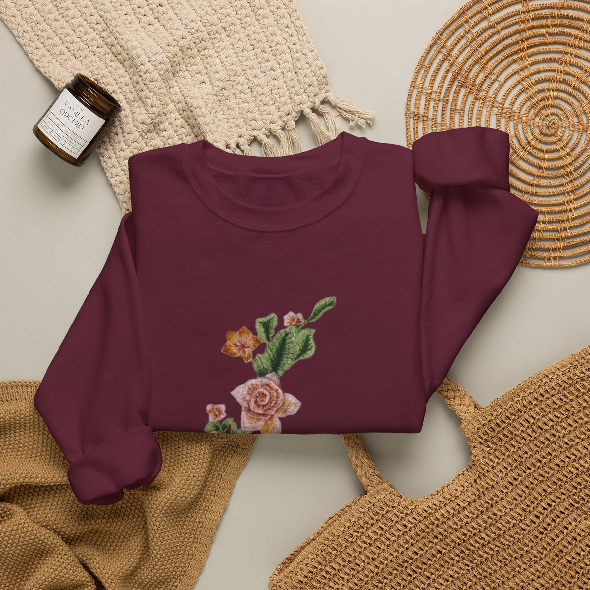 Sun & Rose Crewneck Sweatshirt — Vintage Sun Back Graphic with Floral Front