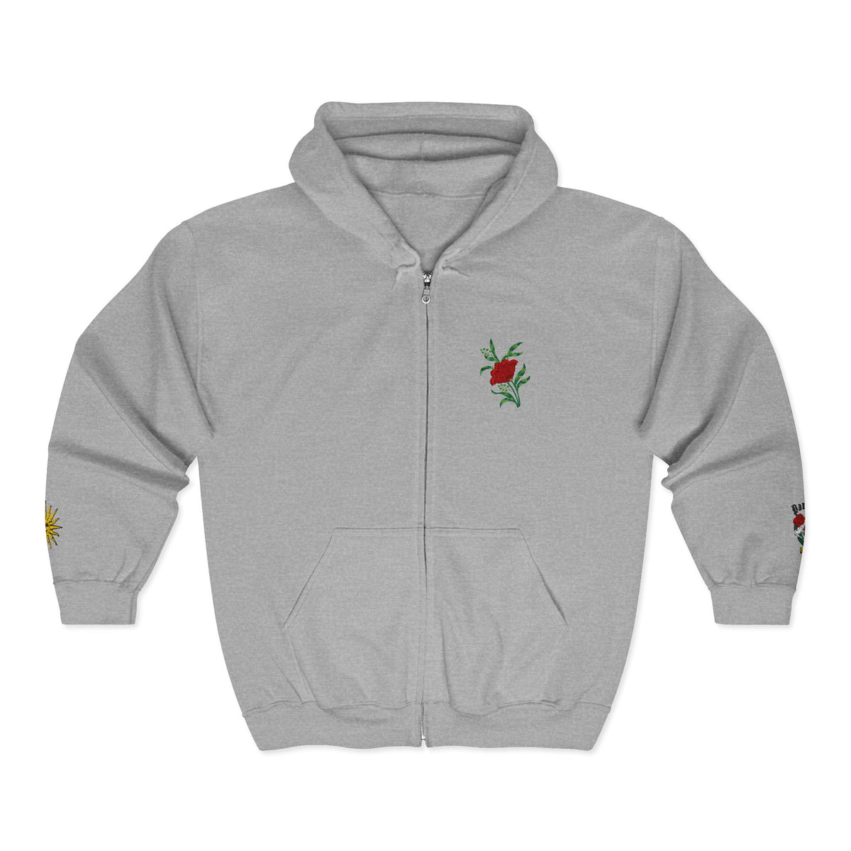 Zip Hoodie with Small Rose & Sun Sleeve Embroidery — Minimal Floral Zip-Up
