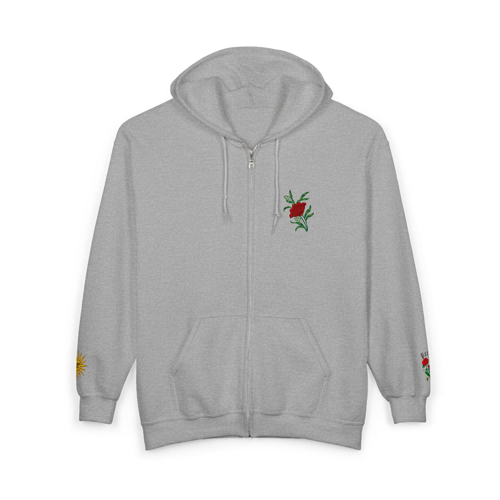 Zip Hoodie with Small Rose & Sun Sleeve Embroidery — Minimal Floral Zip-Up
