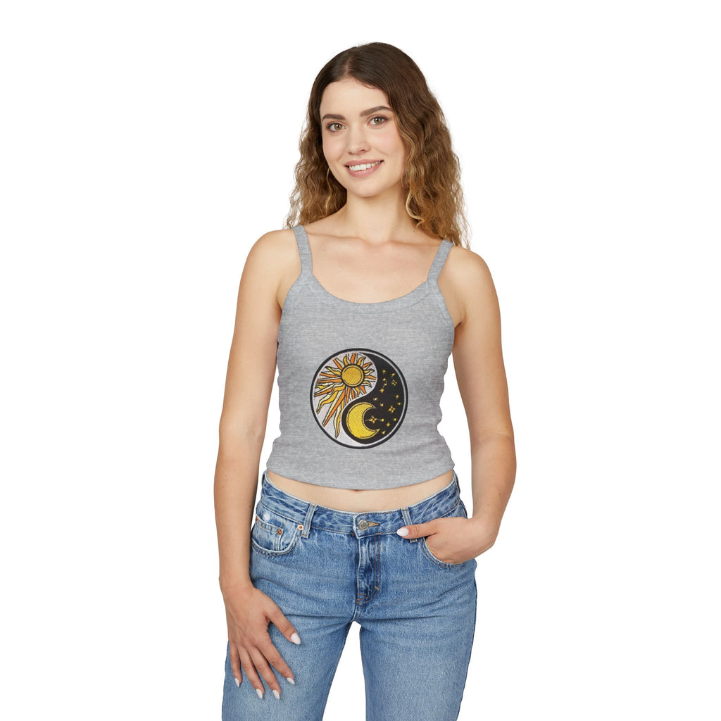 Sun & Moon Yin Yang Crop Tank — Women's Sunflower Celestial Spaghetti Strap Top