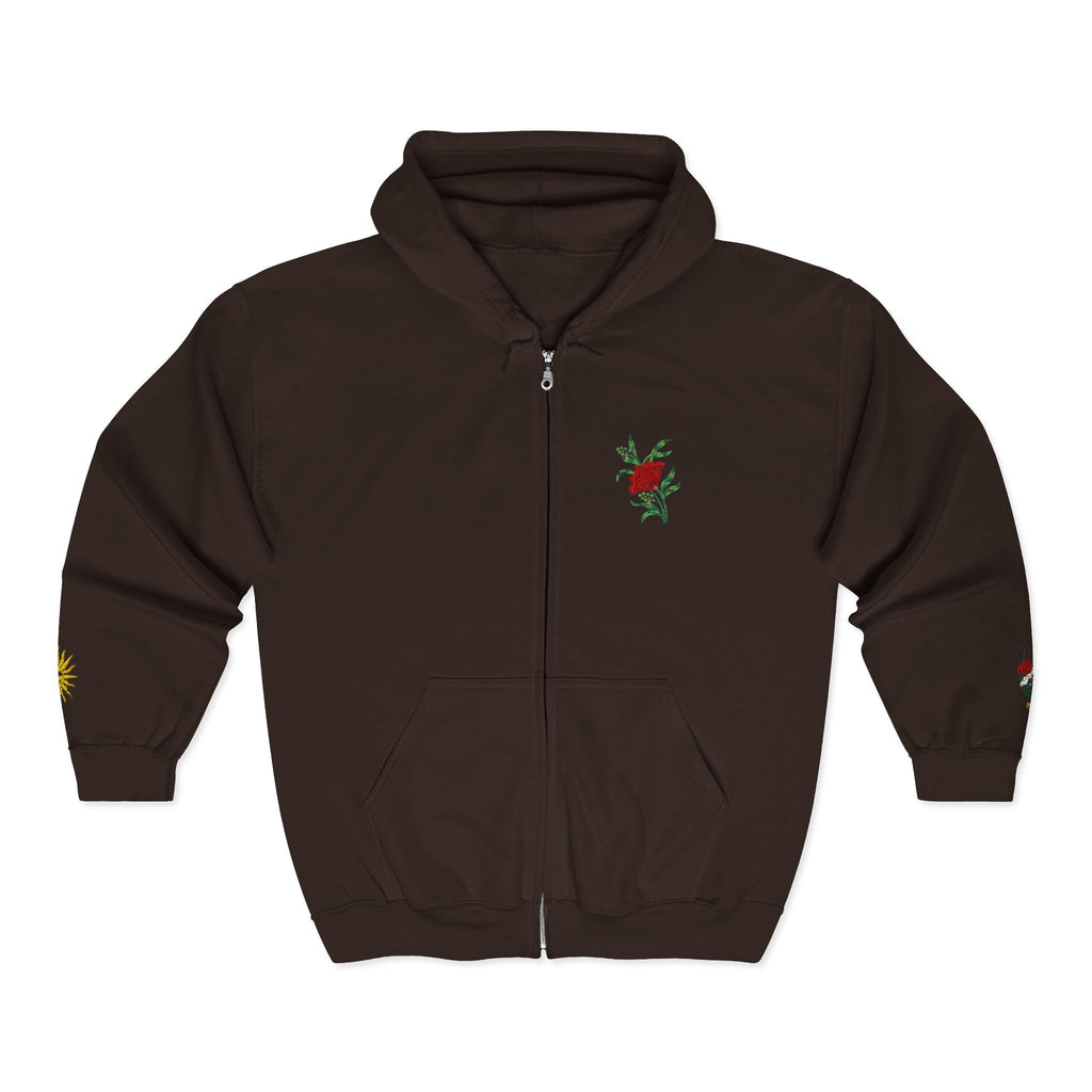 Zip Hoodie with Small Rose & Sun Sleeve Embroidery — Minimal Floral Zip-Up