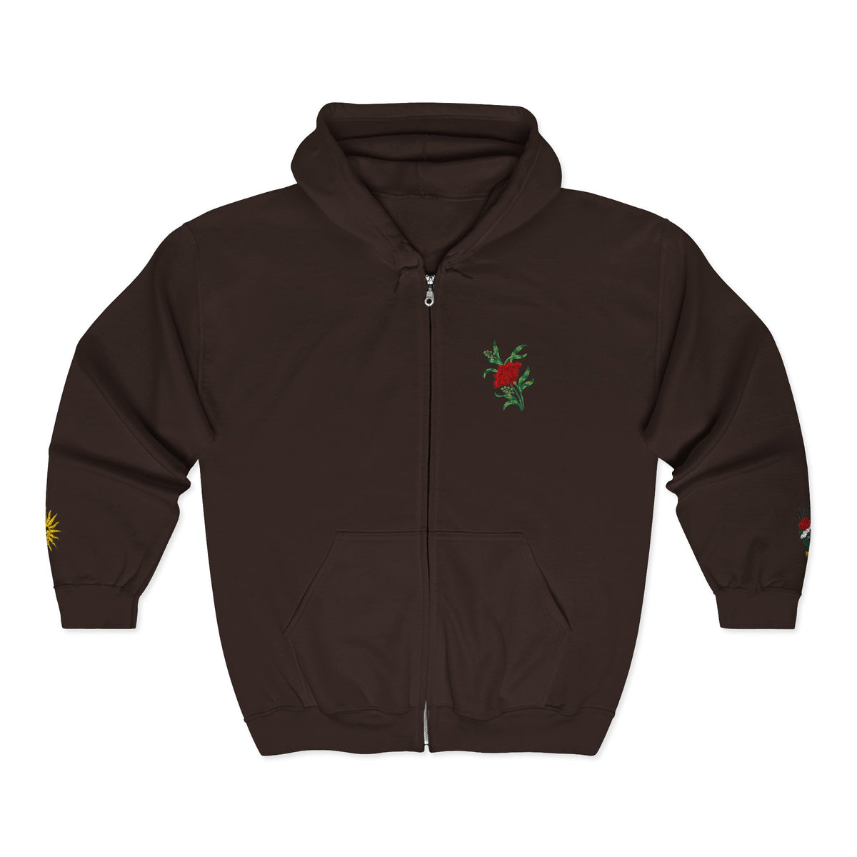 Zip Hoodie with Small Rose & Sun Sleeve Embroidery — Minimal Floral Zip-Up