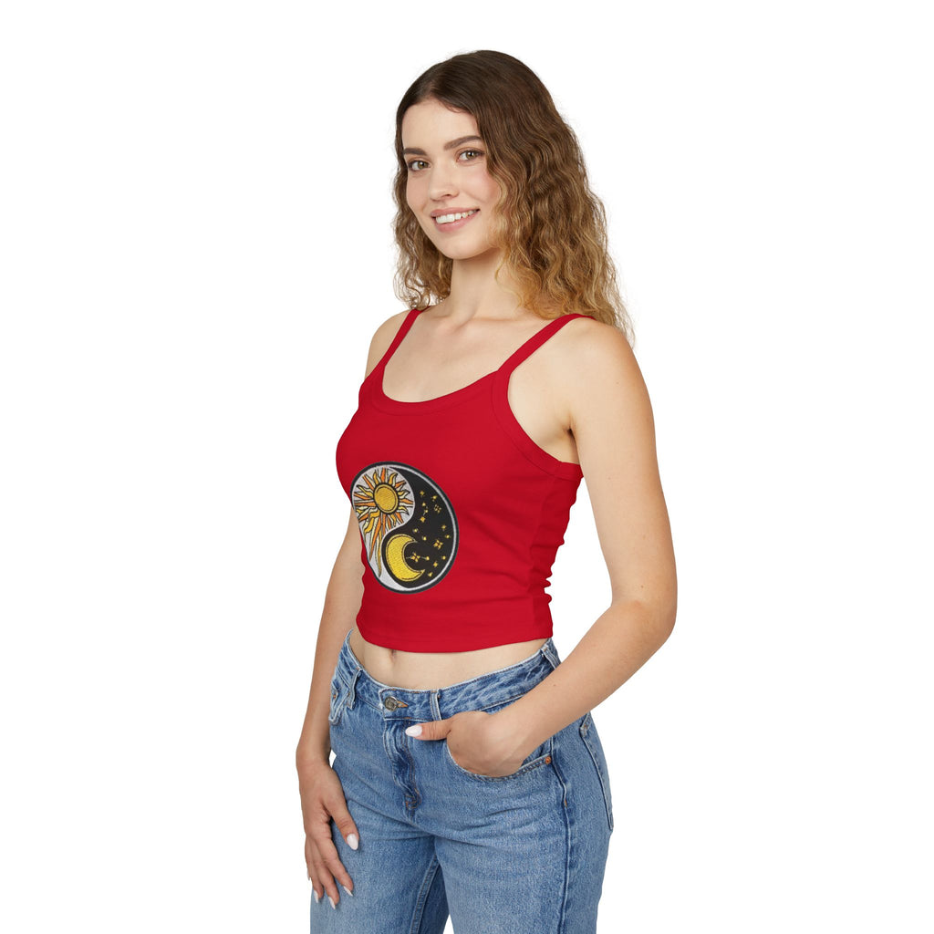 Sun & Moon Yin Yang Crop Tank — Women's Sunflower Celestial Spaghetti Strap Top