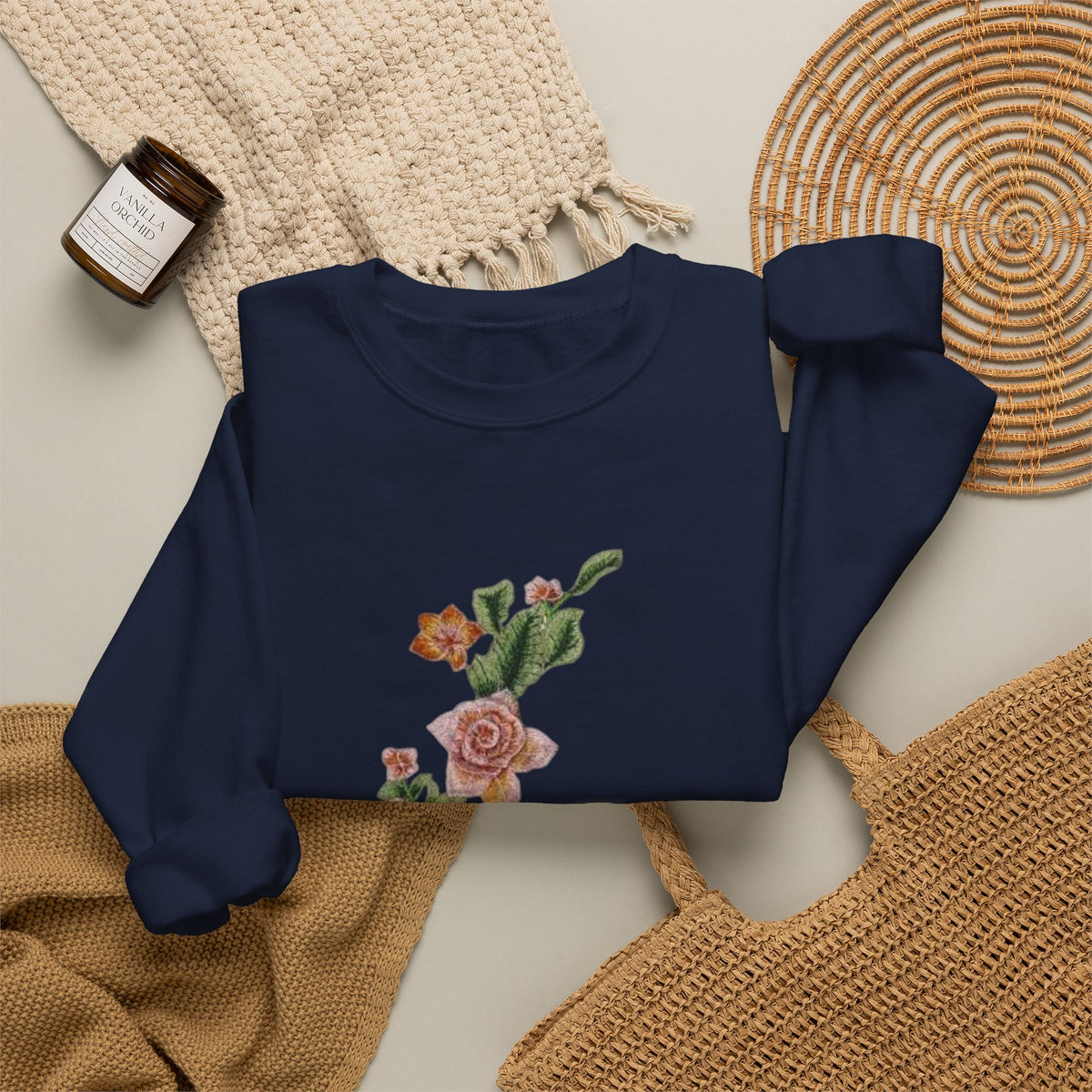Sun & Rose Crewneck Sweatshirt — Vintage Sun Back Graphic with Floral Front