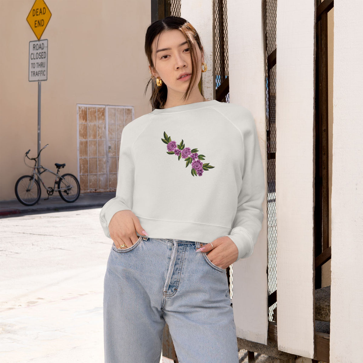 Floral Diagonal Rose Crop Sweatshirt