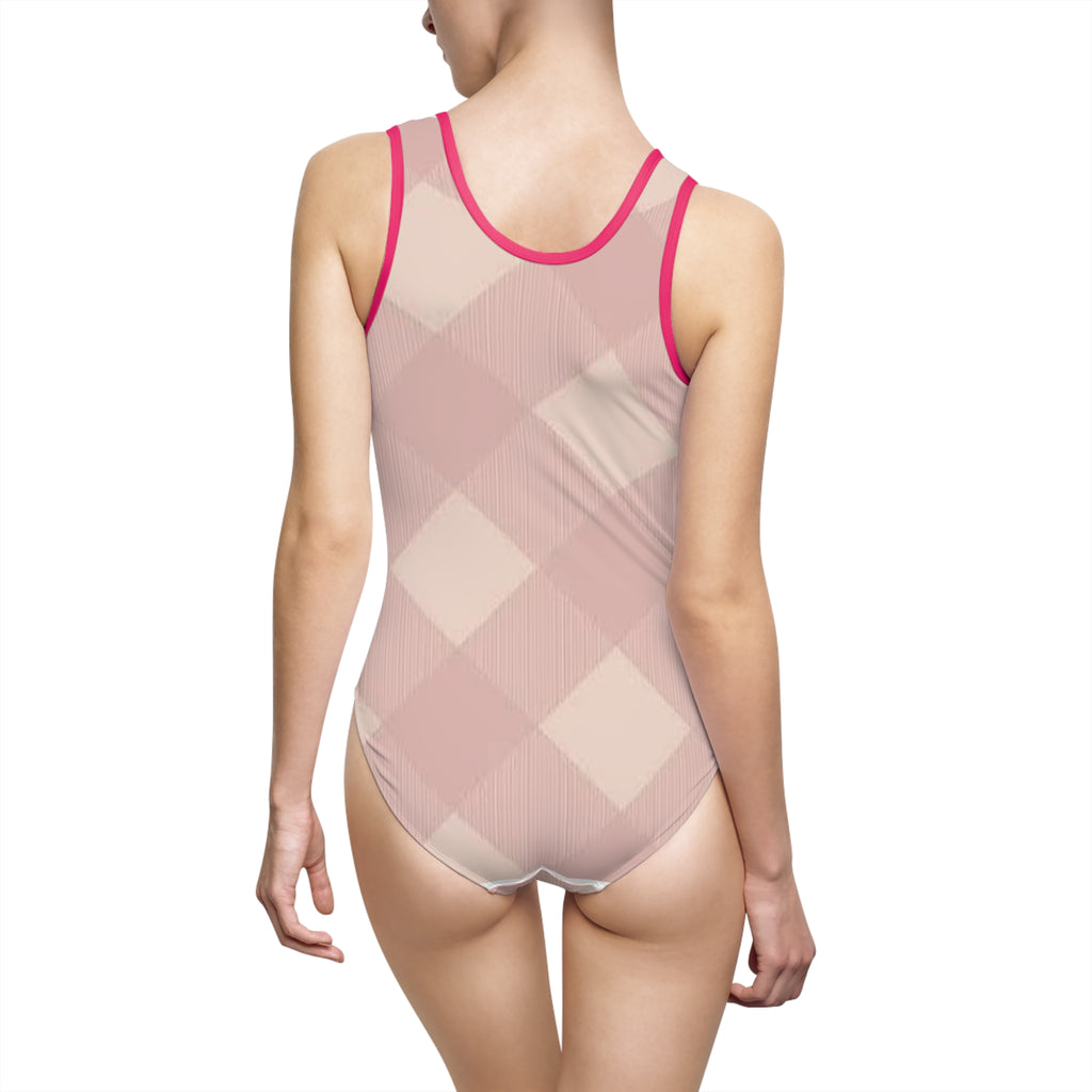 Women's Pink Plaid One-Piece Swimsuit — Vintage Rose Check Swimwear