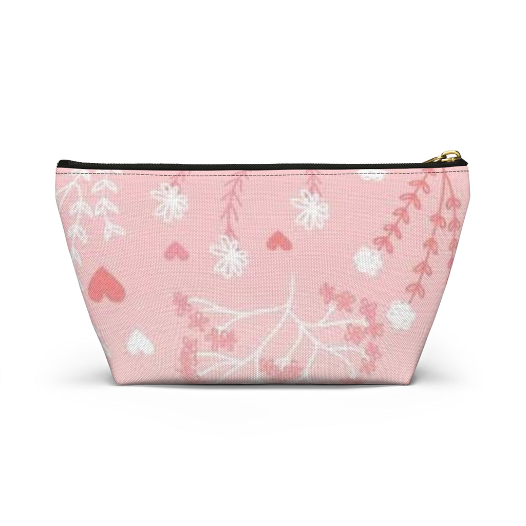 Pink Floral Hearts Accessory Pouch — T-Bottom Makeup Bag