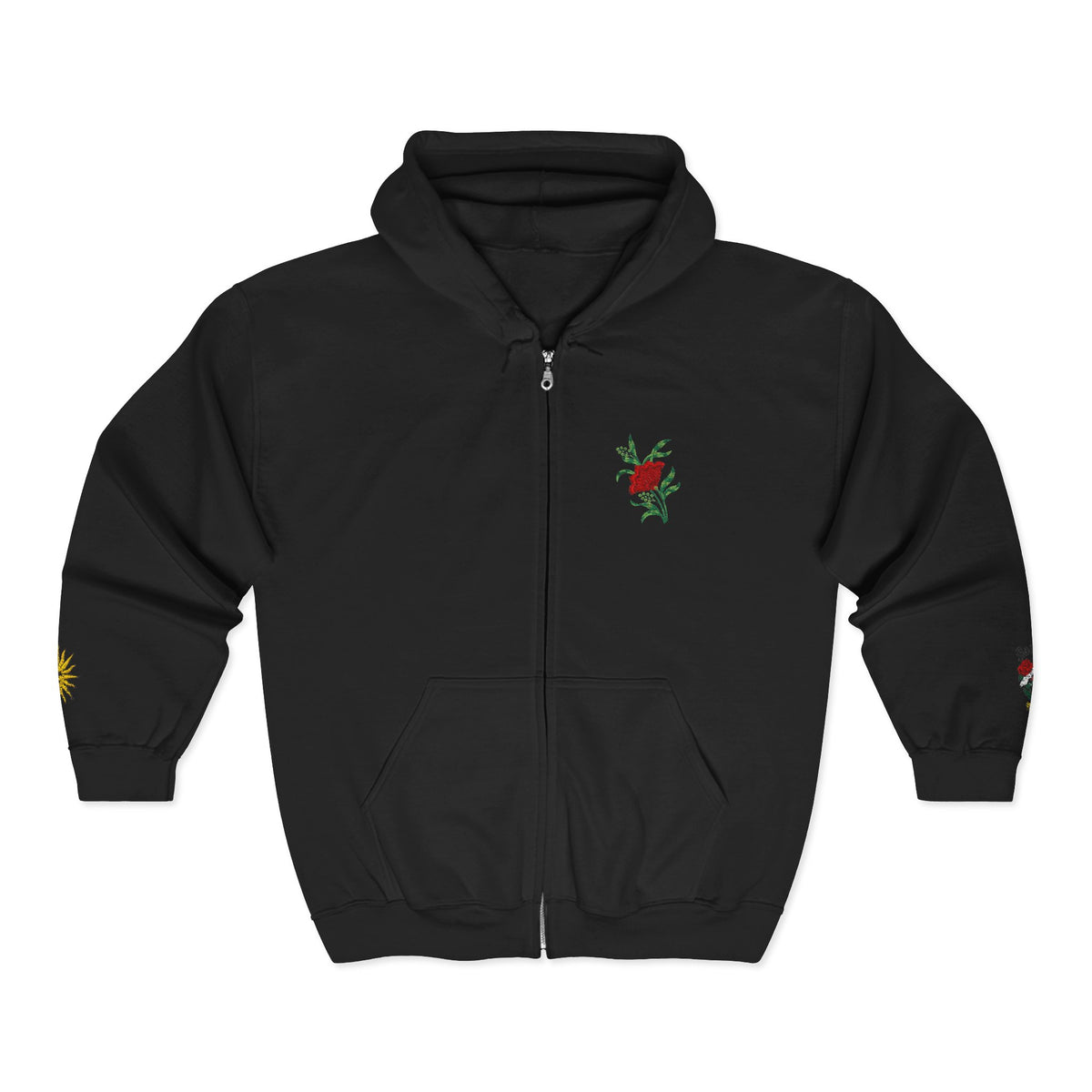 Zip Hoodie with Small Rose & Sun Sleeve Embroidery — Minimal Floral Zip-Up