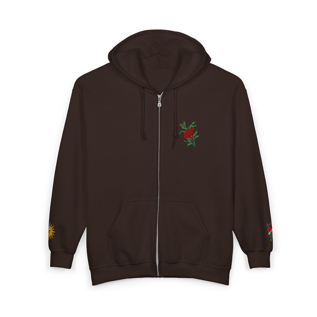 Zip Hoodie with Small Rose & Sun Sleeve Embroidery — Minimal Floral Zip-Up