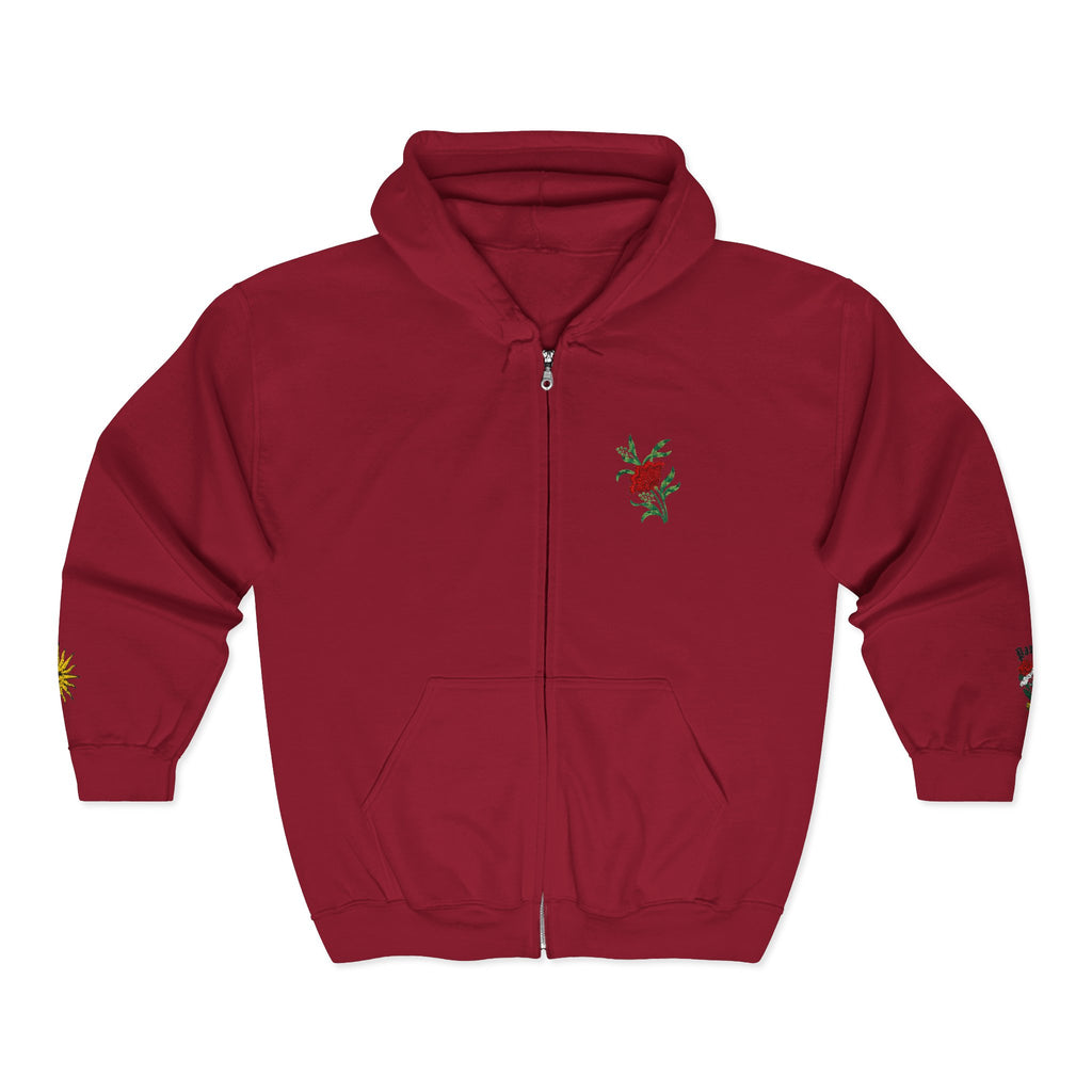 Zip Hoodie with Small Rose & Sun Sleeve Embroidery — Minimal Floral Zip-Up