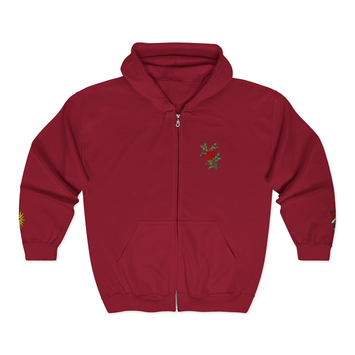 Zip Hoodie with Small Rose & Sun Sleeve Embroidery — Minimal Floral Zip-Up