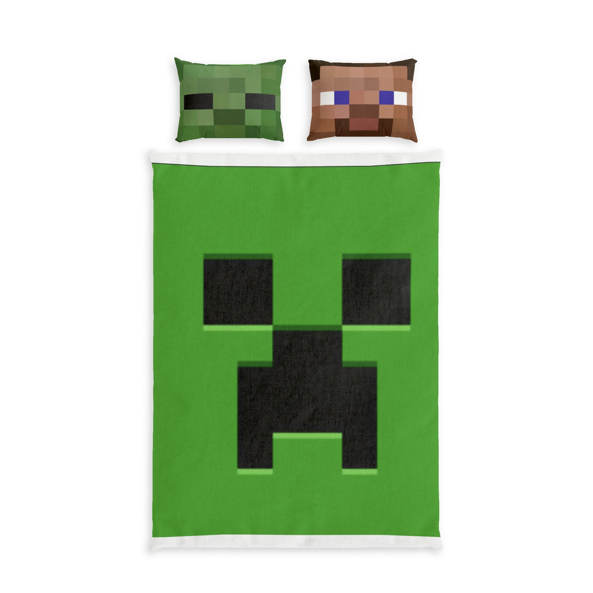 Minecraft Creeper Cotton Bed Set – Kids Green Pixel Face Duvet Cover with Creeper & Steve Pillowcases