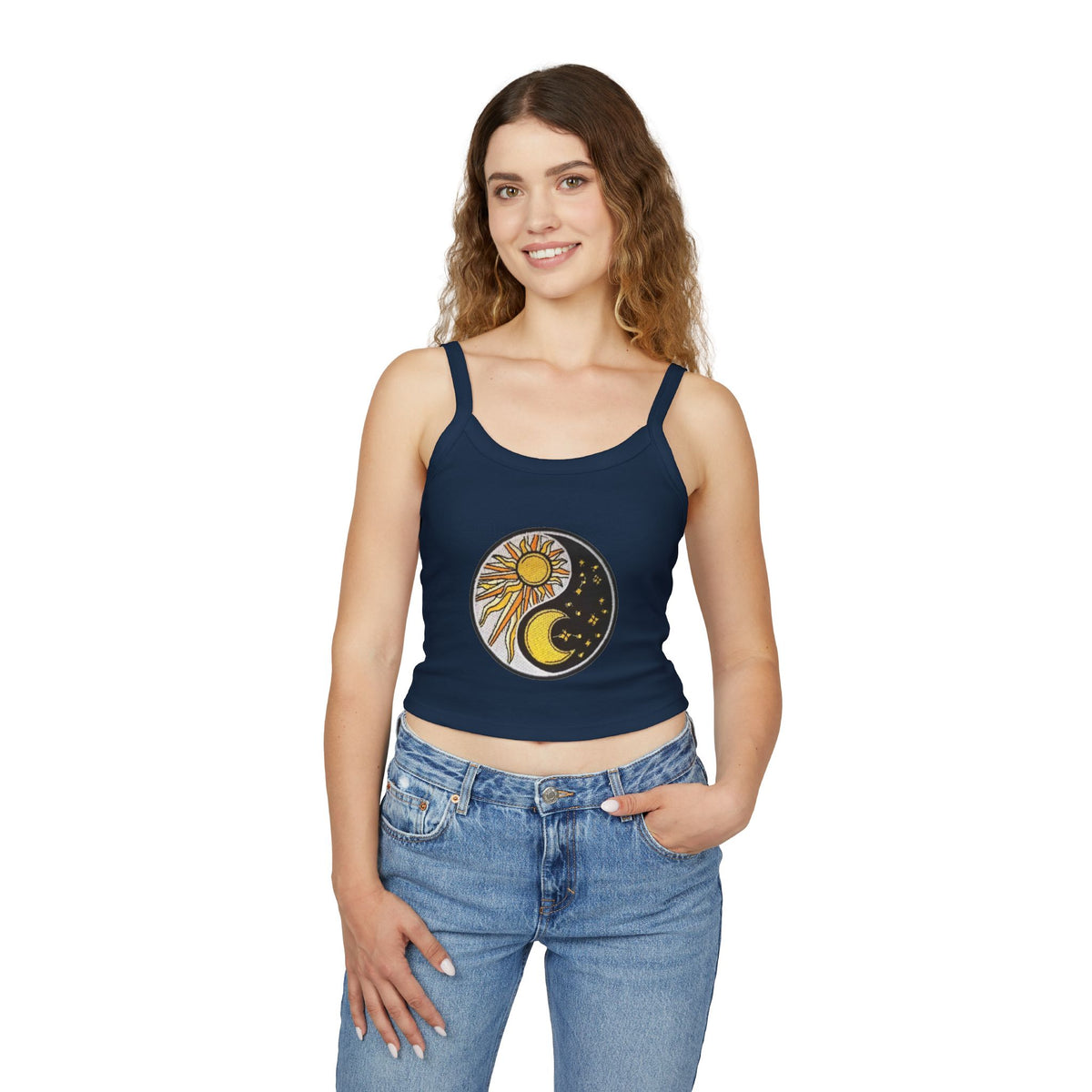 Sun & Moon Yin Yang Crop Tank — Women's Sunflower Celestial Spaghetti Strap Top