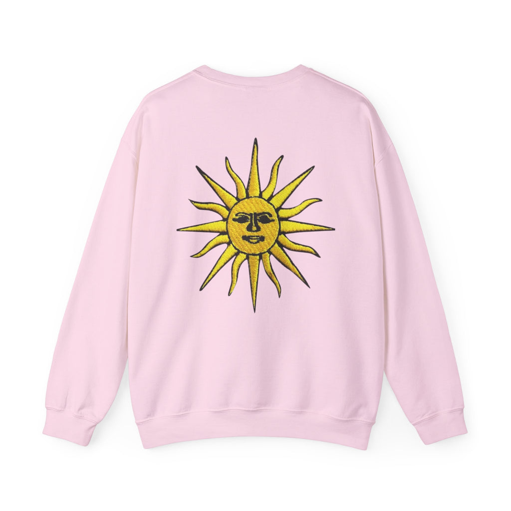 Sun & Rose Crewneck Sweatshirt — Vintage Sun Back Graphic with Floral Front