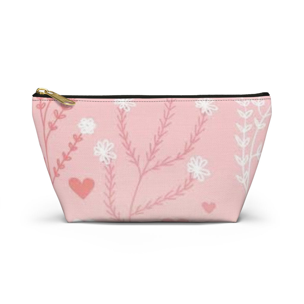 Pink Floral Hearts Accessory Pouch — T-Bottom Makeup Bag