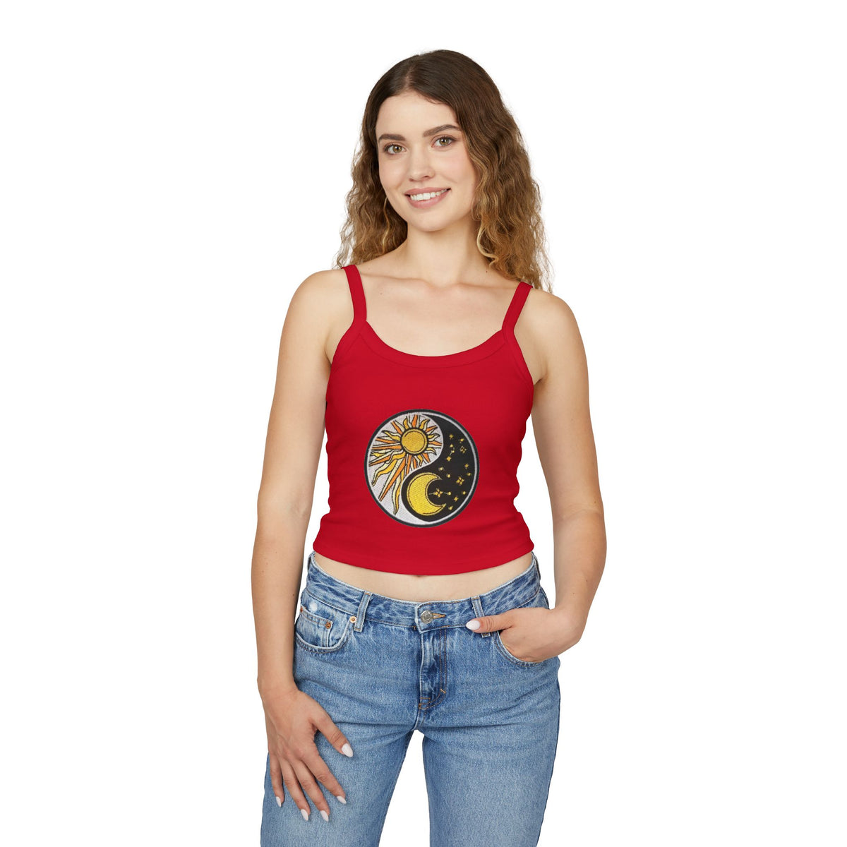 Sun & Moon Yin Yang Crop Tank — Women's Sunflower Celestial Spaghetti Strap Top