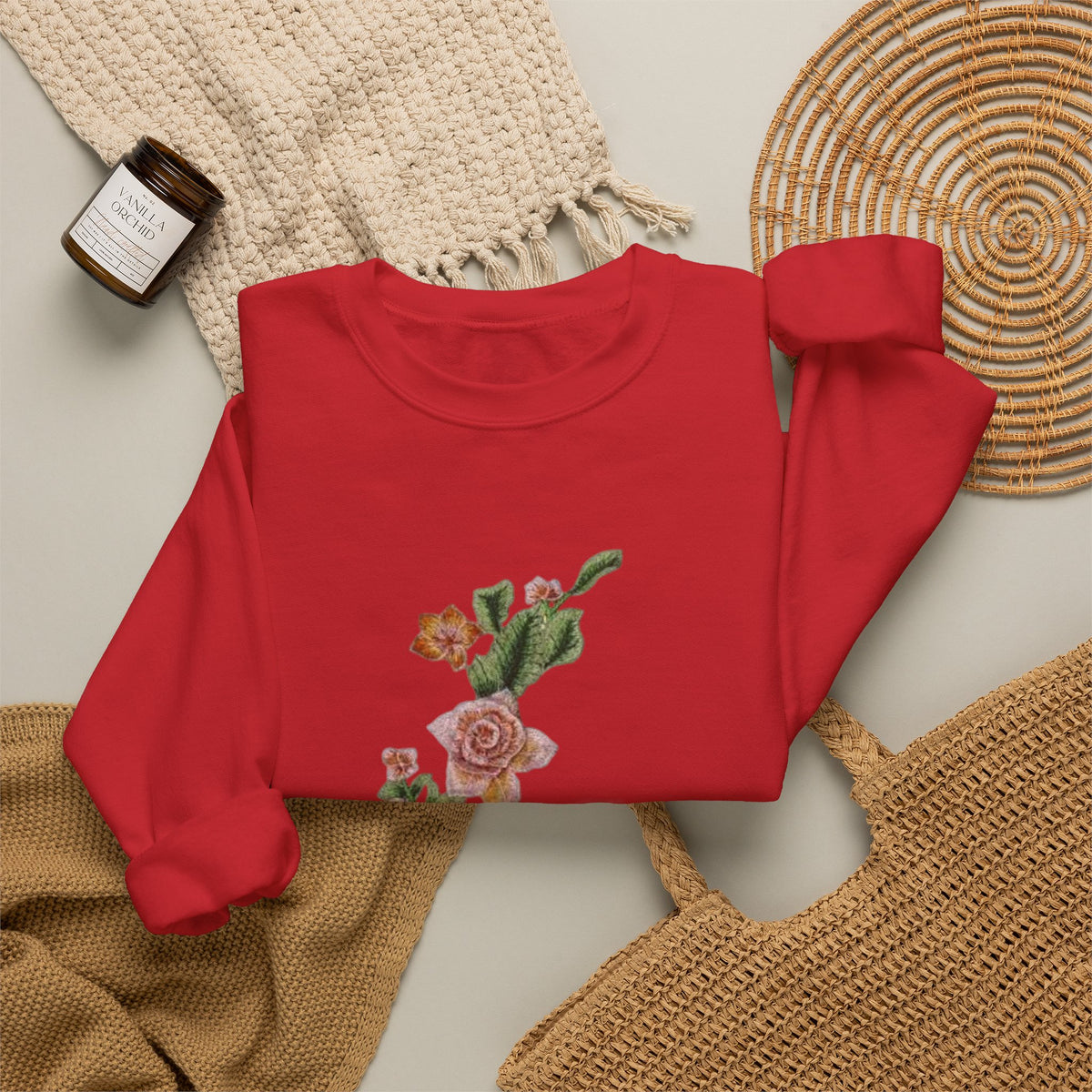 Sun & Rose Crewneck Sweatshirt — Vintage Sun Back Graphic with Floral Front