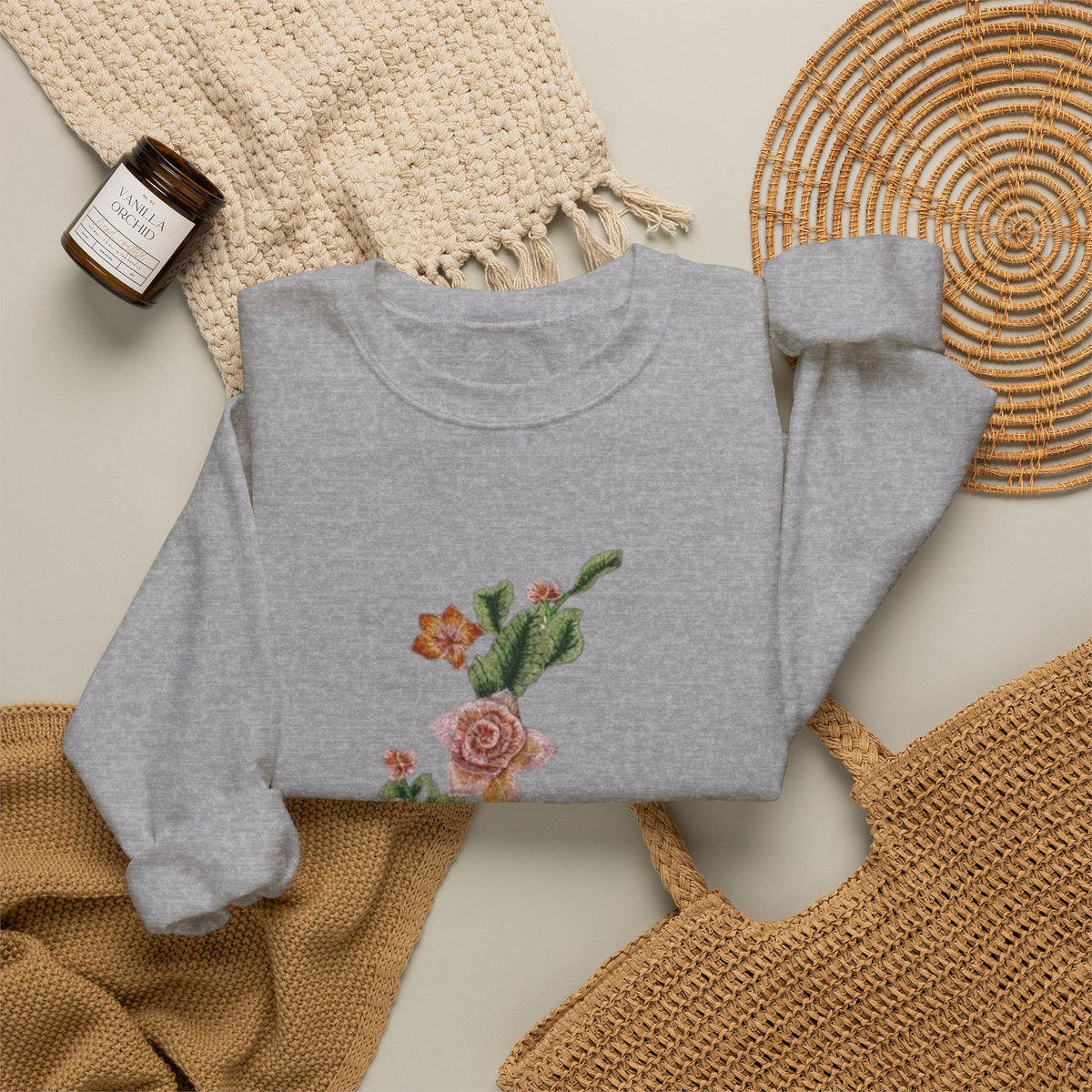 Sun & Rose Crewneck Sweatshirt — Vintage Sun Back Graphic with Floral Front